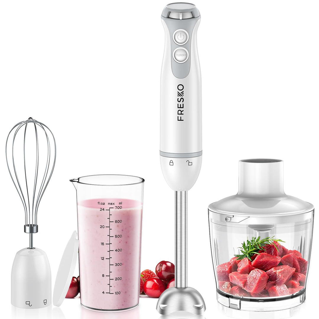 FRESKO 4-in-1 Stabmixer, 1000W Pürierstab Edelstahl, 12 Geschwindigkeiten und Turbo, inkl. 500ml Leb