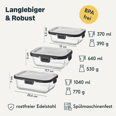 SILBERTHAL Frischhaltedosen Set Glas mit Edelstahl Deckel - Luftdicht - 3er Set - Grössen 1L, 600ml