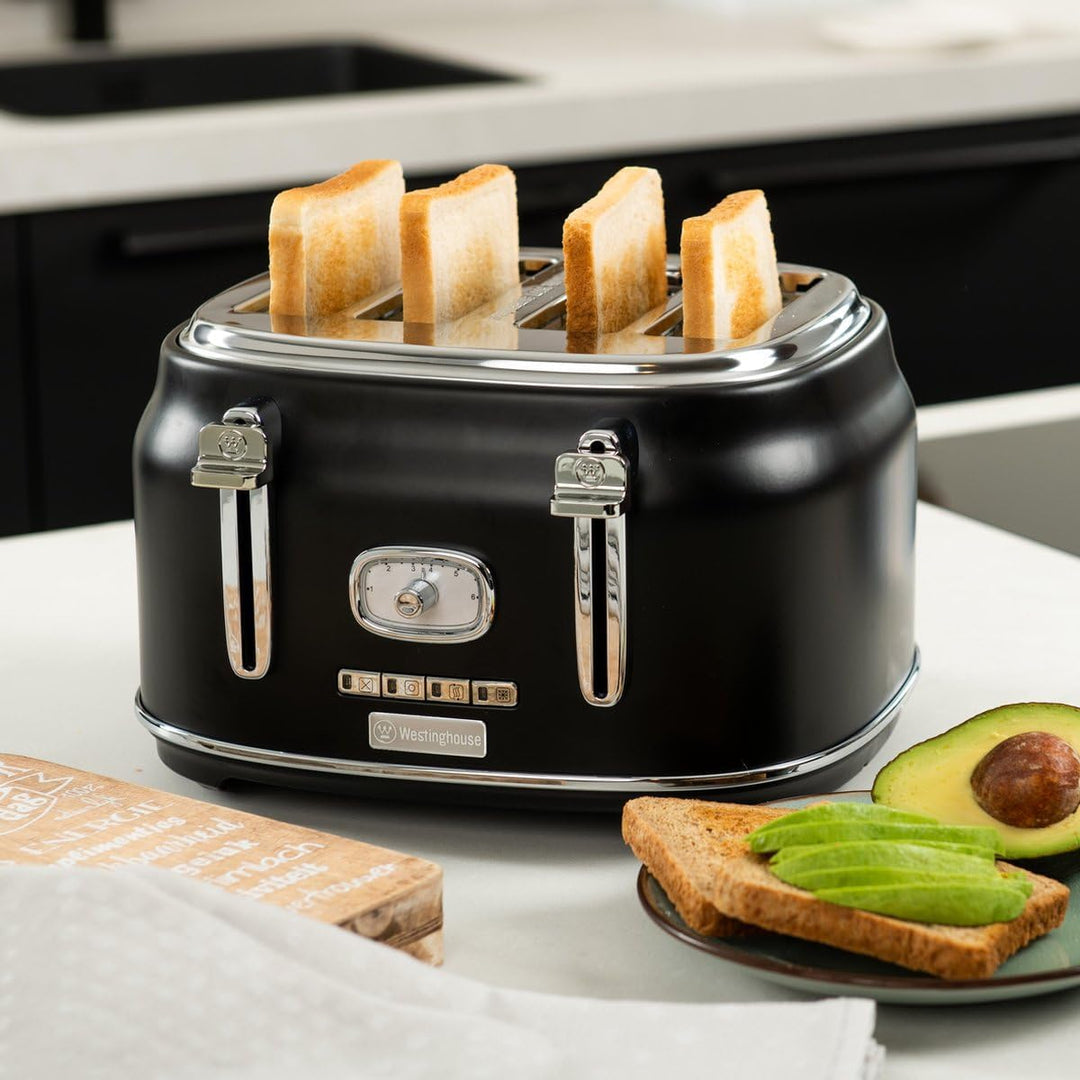 Westinghouse Retro Toaster 4 Scheiben, Abnehmbarer Brötchenaufsatz, 6 Bräunungsstufen, Brotzentrieru