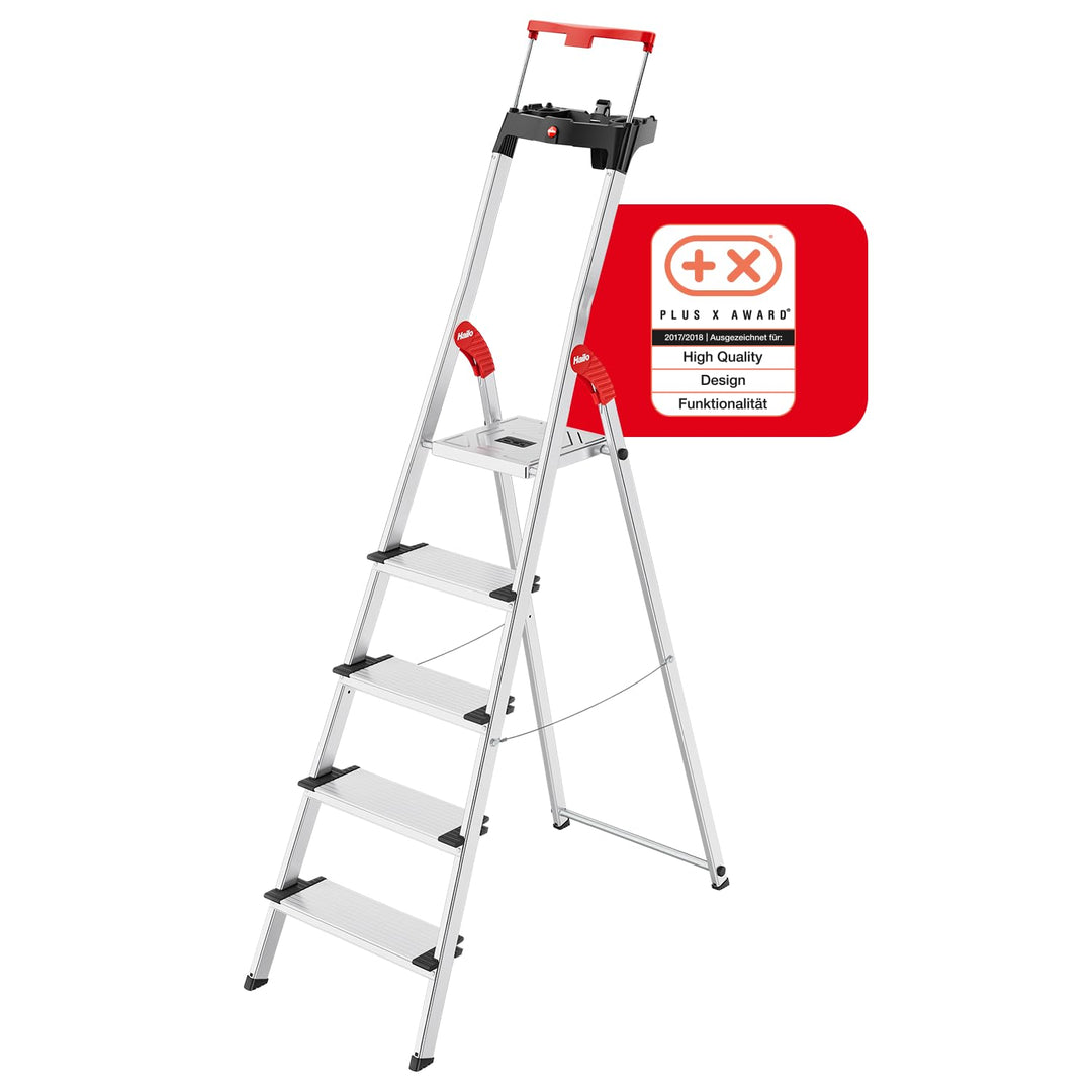 Hailo L85 ComfortLine Alu-Sicherheits-Stehleiter | 5 XXL-Stufen belastbar bis 150 kg | tiefe Standfl
