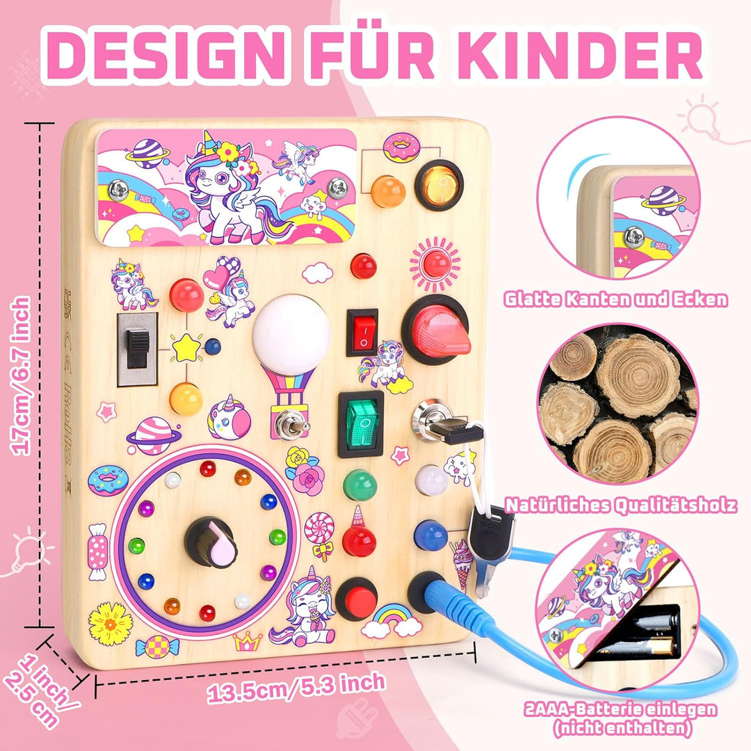 Unicorn Busy Board Montessori Spielzeug ab 1 Jahr Activity Board Holzspielzeug Mit 10 Schaltern und