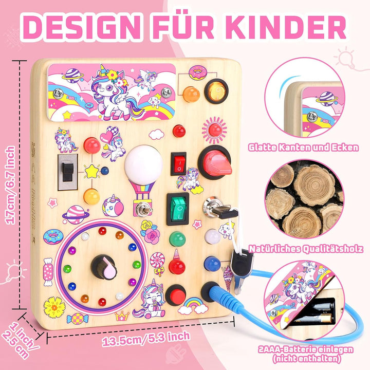 Unicorn Busy Board Montessori Spielzeug ab 1 Jahr Activity Board Holzspielzeug Mit 10 Schaltern und