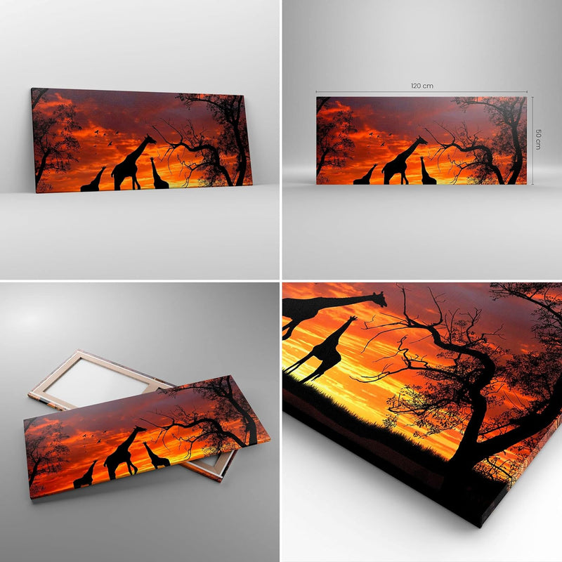 Wandbilder Dekoration Wohnzimmer Giraffe Afrika Sonne Safari Panorama Bilder auf Leinwand 120x50cm L