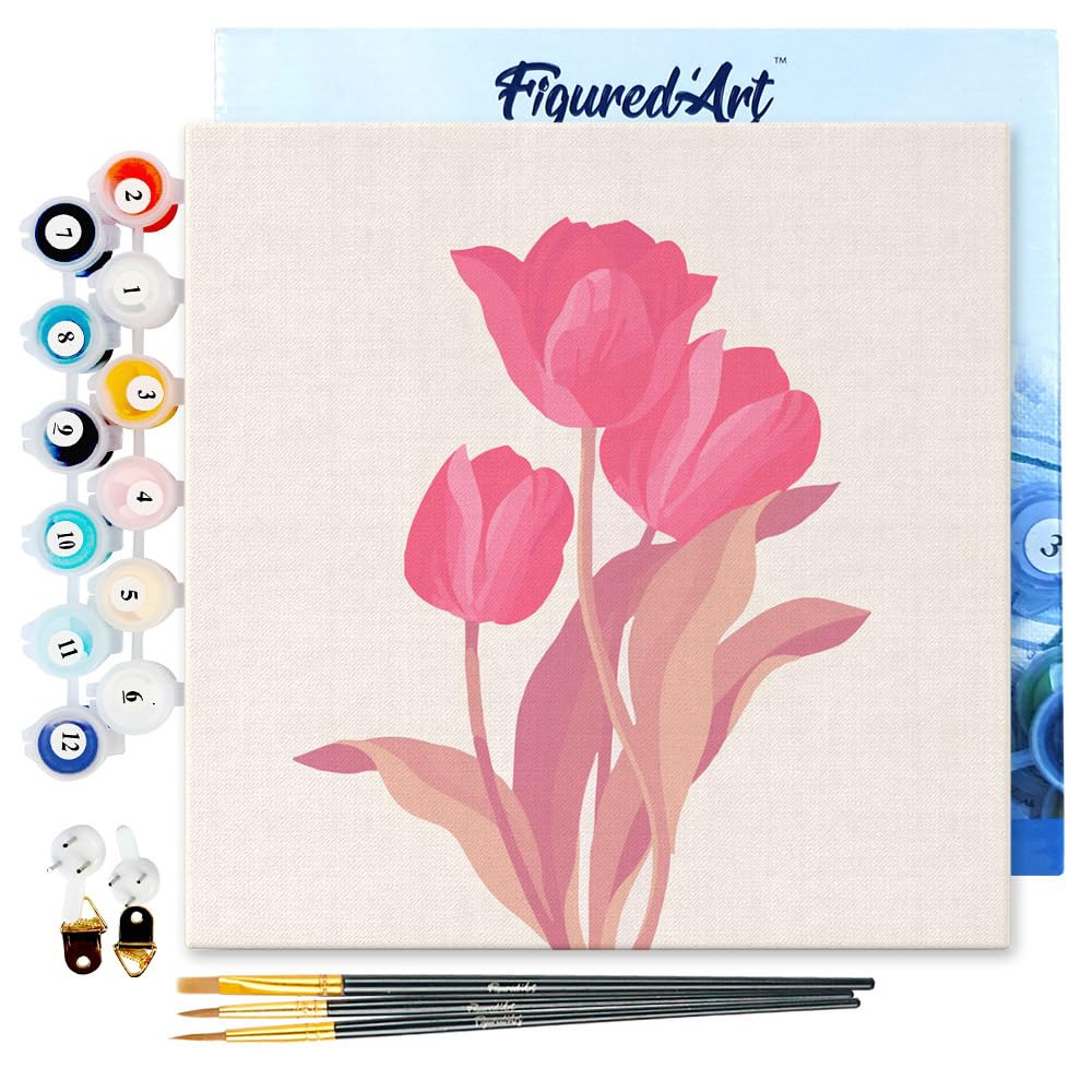 Figured'Art Mini Malen Nach Zahlen Erwachsene Mit Rahmen 20x20cm Kleines Format - 3 Rosa Tulpen - Pa