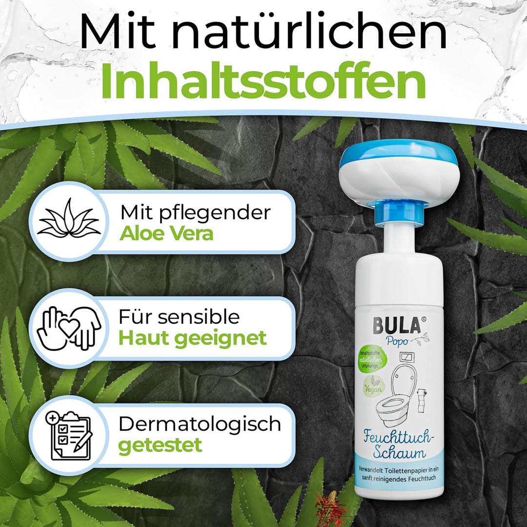 BULA® Popo Home Bundle | Feuchttuch-Schaum 150ml Flasche + Blumen-Schaumpumpe inkl. Edelstahl Halter