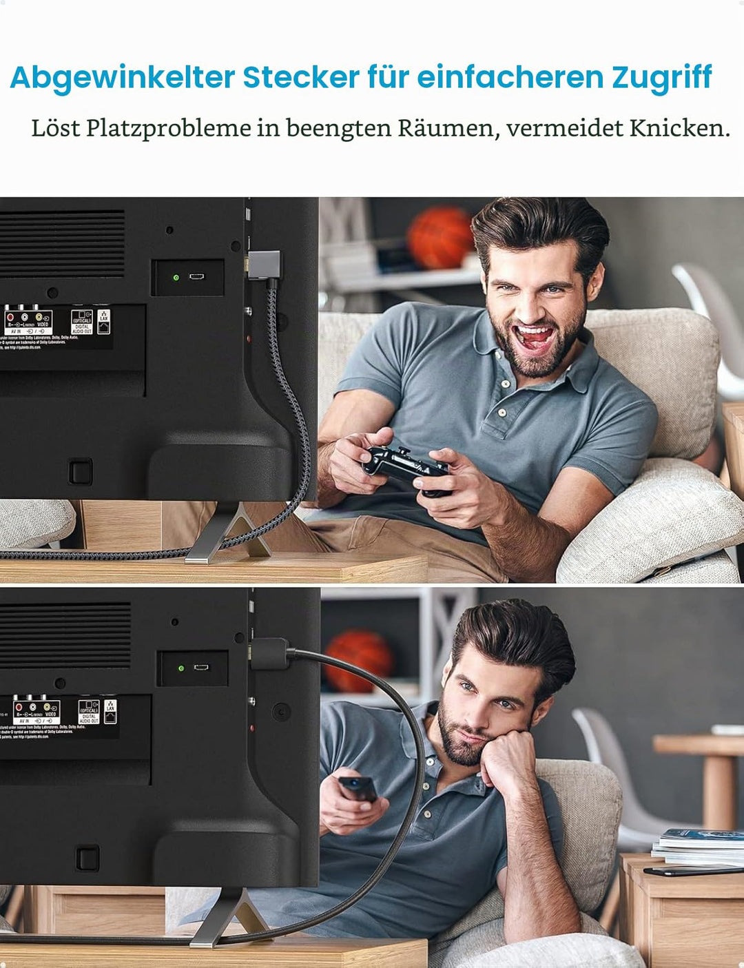 XAOSUN HDMI 2.0 Kabe Winkelstecker-3M,18 Gbps HDMI Kabel 90 Grad für 4K@60Hz, HDR, 3D | Geflochtenes