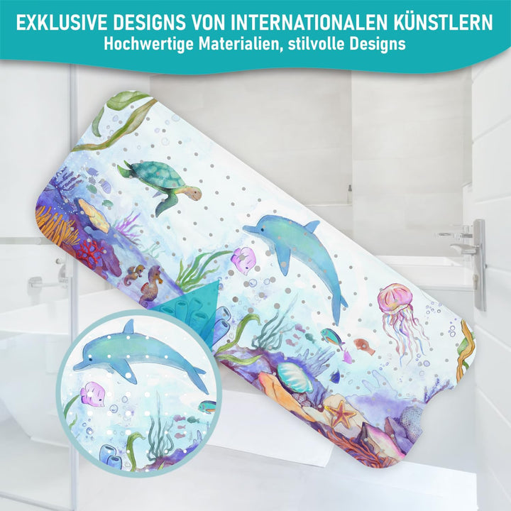 arteneur® - Badewannenmatte 100x40 cm Wasserfarben Ozean | Badematte rutschfest | Inkl. Aufhängung |