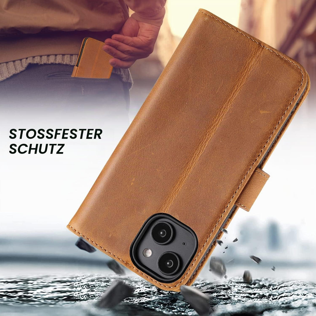 LENSUN Echtleder Hülle für iPhone 14, Handyhülle [Echtes Leder][Magnetverschluss][RFID Schutz] Handy