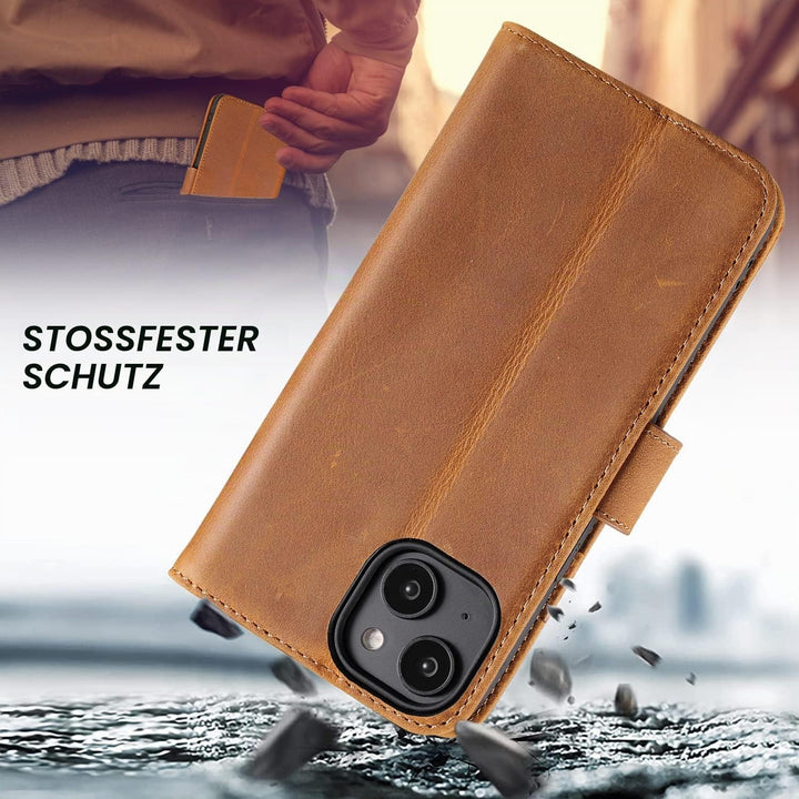 LENSUN Echtleder Hülle für iPhone 14, Handyhülle [Echtes Leder][Magnetverschluss][RFID Schutz] Handy