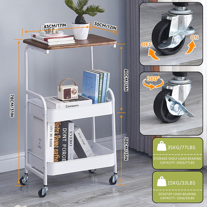 Yosamy Küchenwagen mit Rollen, 3 Ebenen Servierwagen, Rollwagen Küche mit Metallständer und Holztisc