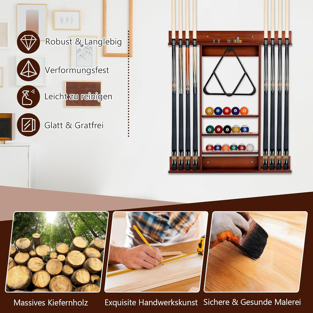 GOPLUS Billardständer, Pool Queue Halter aus Kiefernholz mit 8 Queue-Stifte, 3-stufig, Ball Rack Hal