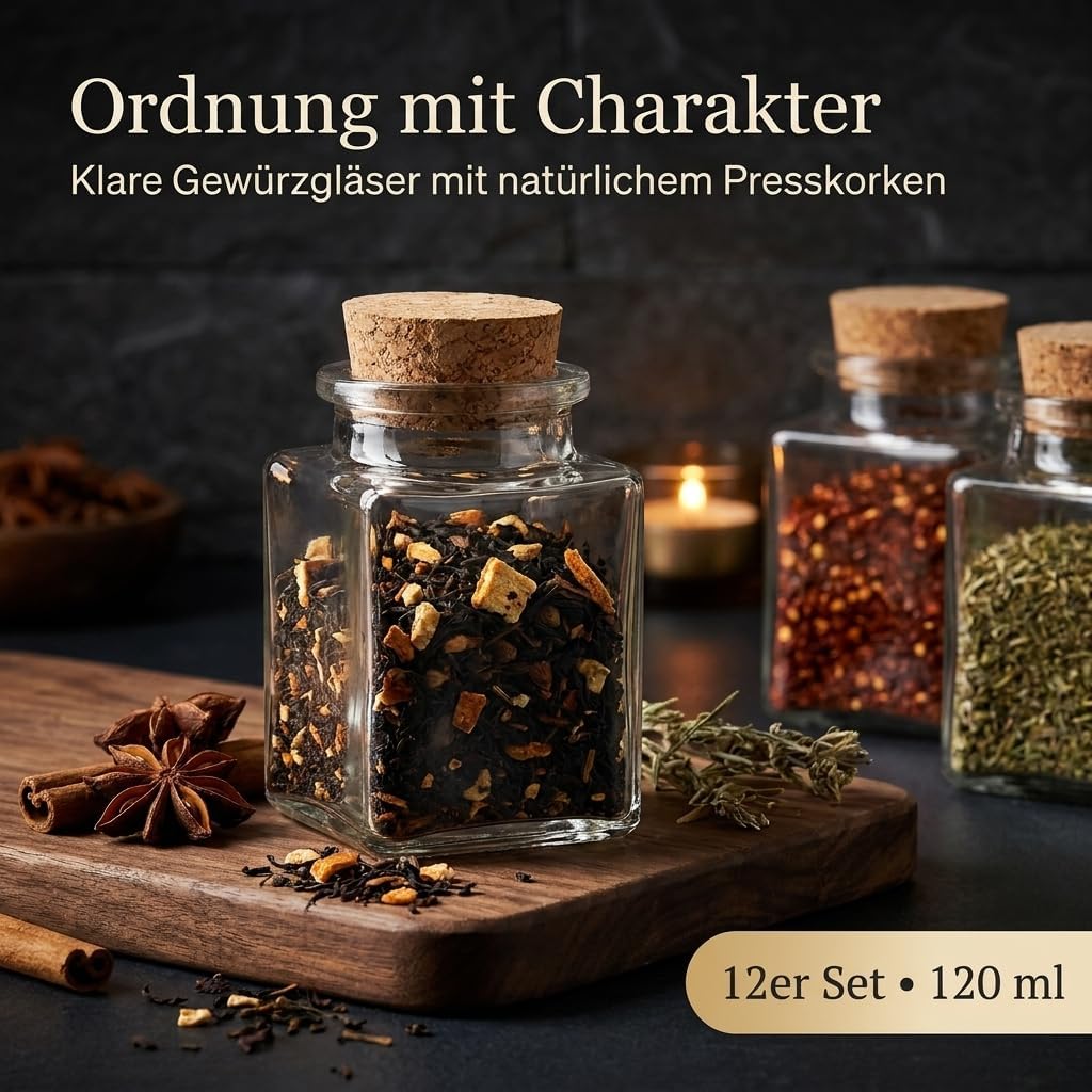 gouveo 12er Set Gewürzgläser 120 ml (0,12 l) Gewürzglas 120 ml hoch eckig mit Korken mit Presskorken