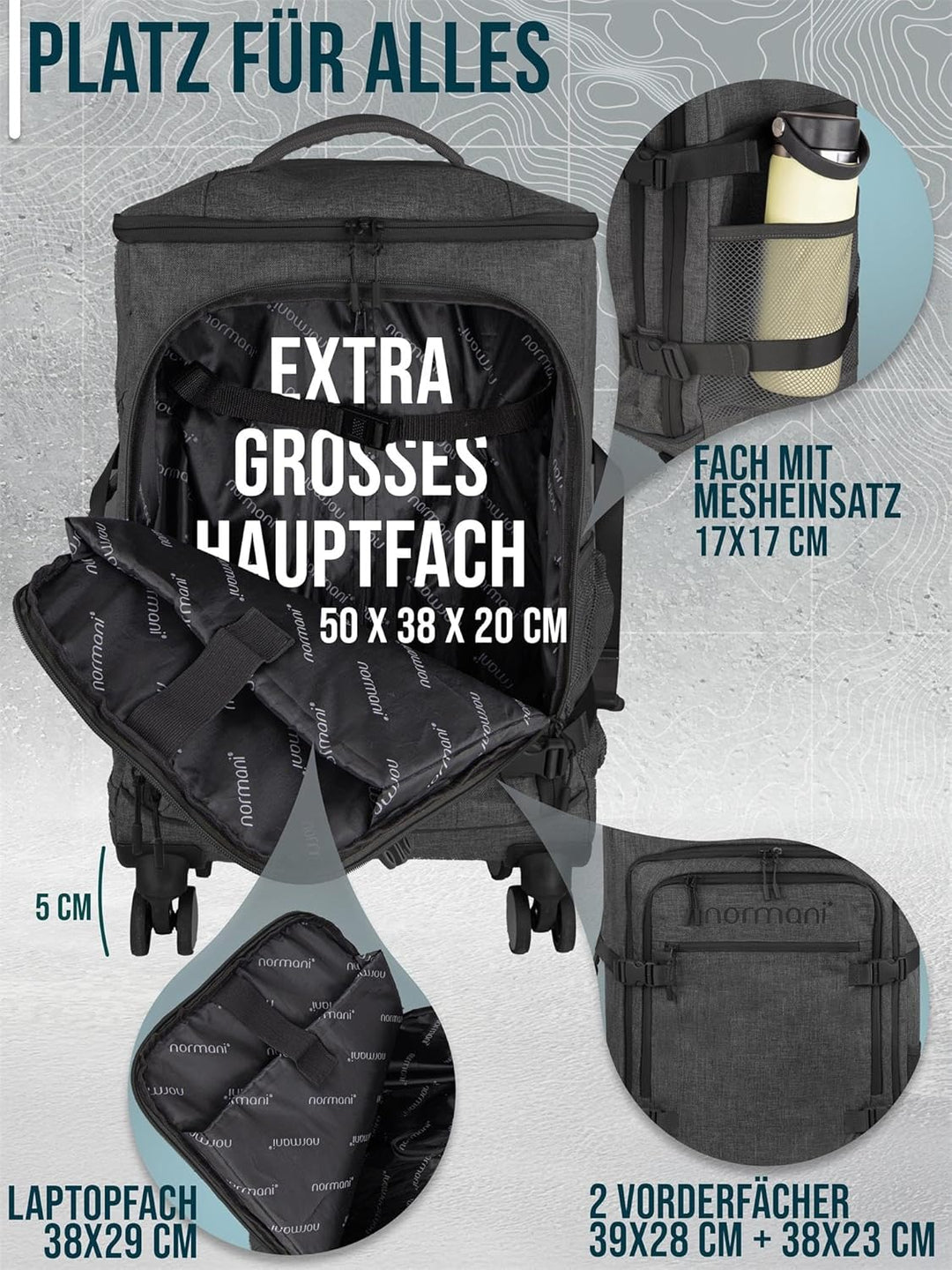 normani Reiseset Trolley mit Rucksackfunktion und kleiner Rucksack - 38 L Reisetrolley + 5 L Backpac