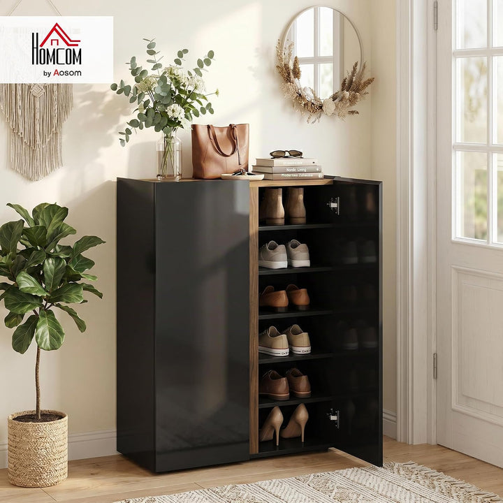 HOMCOM Schuhschrank mit 2 Hochglanz Türen 18 Paar 70x33,5x95 cm, Schwarz | Schuhregal, Schuhkommode,