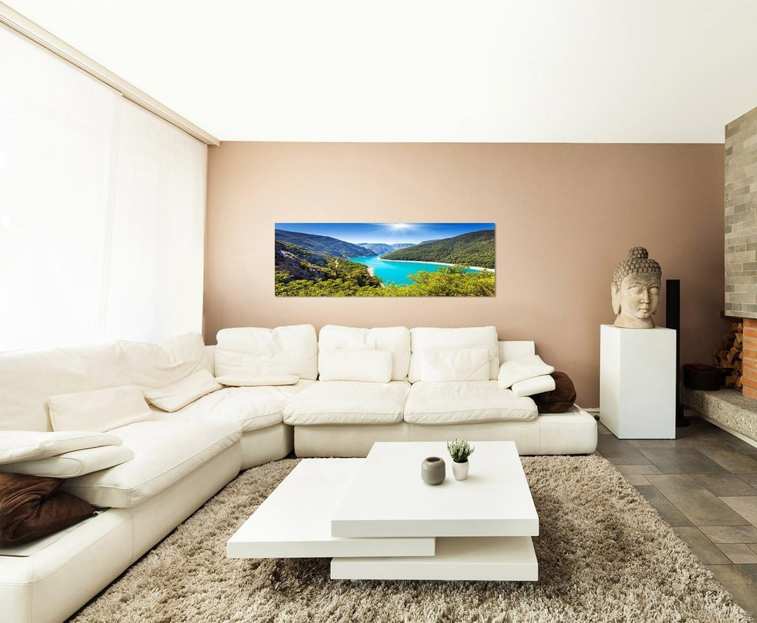 Wandbild auf Leinwand als Panorama in 150x50cm Balkan Natur Berge Wald Fluss