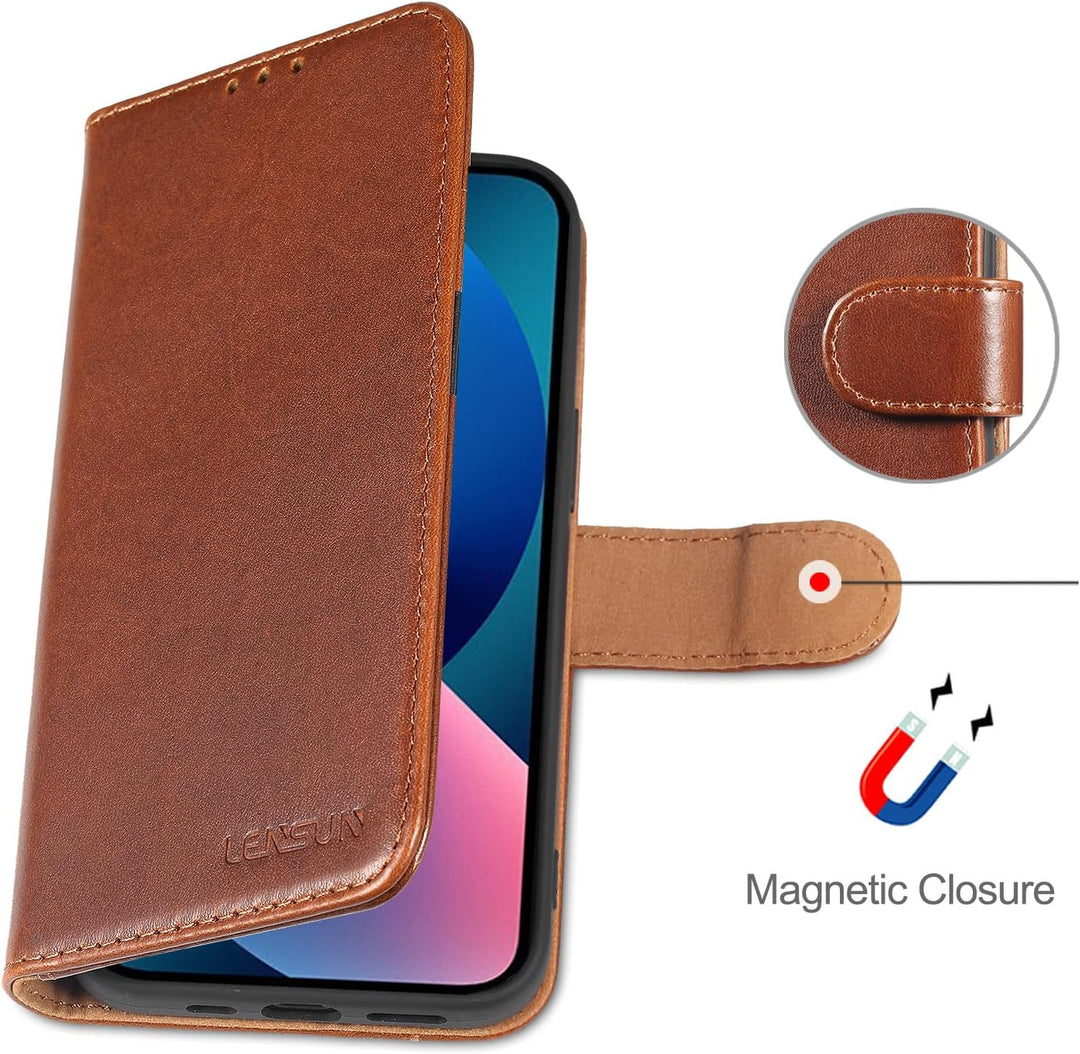 LENSUN Echtleder Hülle für iPhone 13 5G, Handyhülle [Echtes Leder][Magnetverschluss][RFID Schutz] Ha