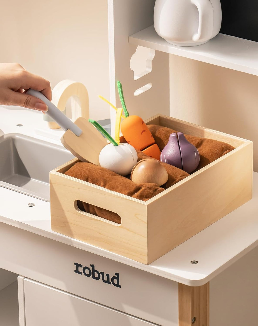 ROBUD Spielküche für Kinder, Kinderküche Holz mit Pflanzkasten & Toaster & Eismaschine & Schneiden S