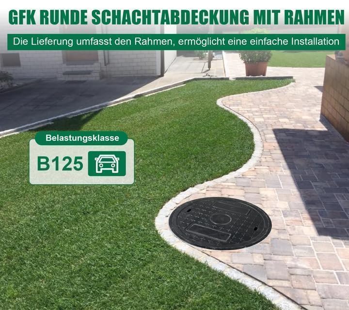 GFK-Schachtabdeckung Rund DN 450 (Lichte Weite 450 mm) – Deckel Ø500 mm, Rahmen Ø570 mm – B125 befah