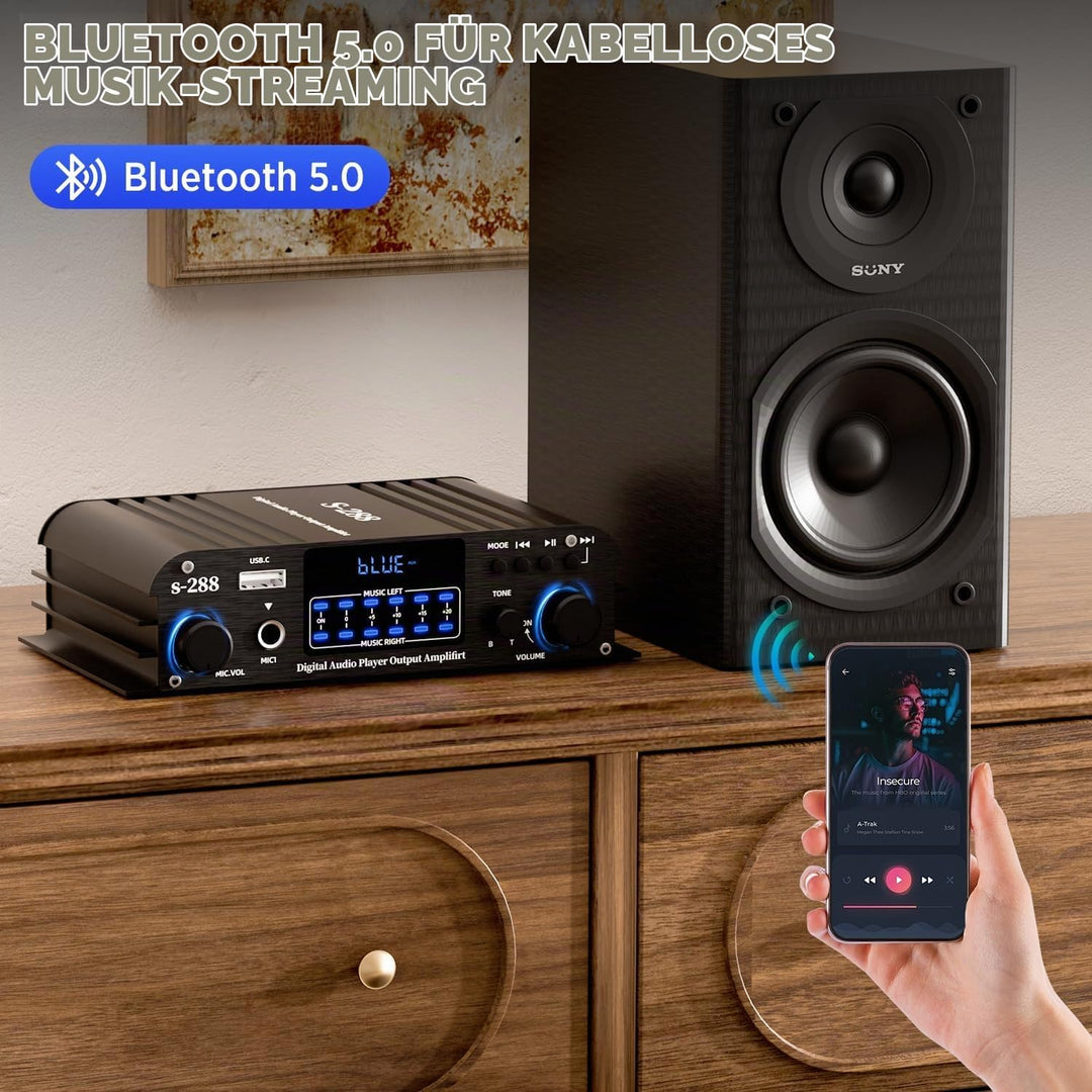 4.1-Kanal Verstärker, 1200W Mini HiFi Stereo Verstärker, Bluetooth 5.0 für Heimlautsprecher 35W x 4