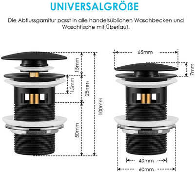 Wasserrhythm Universal Siphon mit Ablaufgarnitur für Waschbecken und Waschschalen mit Überlauf, Pop