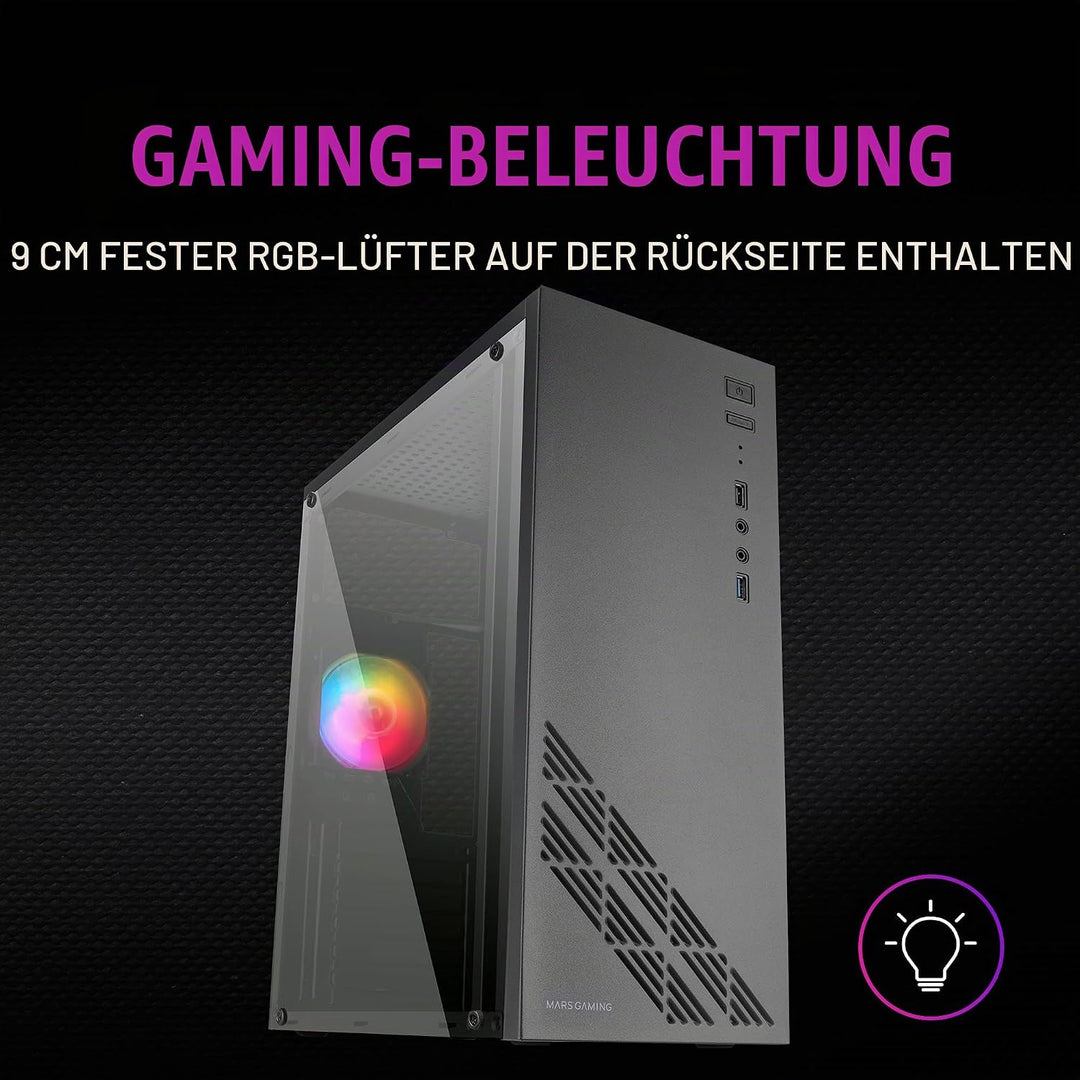 Mars Gaming MC100, ATX Gaming Gehäuse, 9 cm FRGB Lüfter, Convect-Cool Belüftung, SchwarzMars Gaming