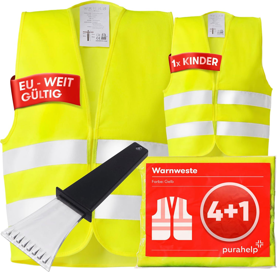 PURAHELP Warnwesten Auto 5er 4+1 Set Europaweit gültig nach EN ISO 20471 - Inkl. Eiskratzer - Reflek