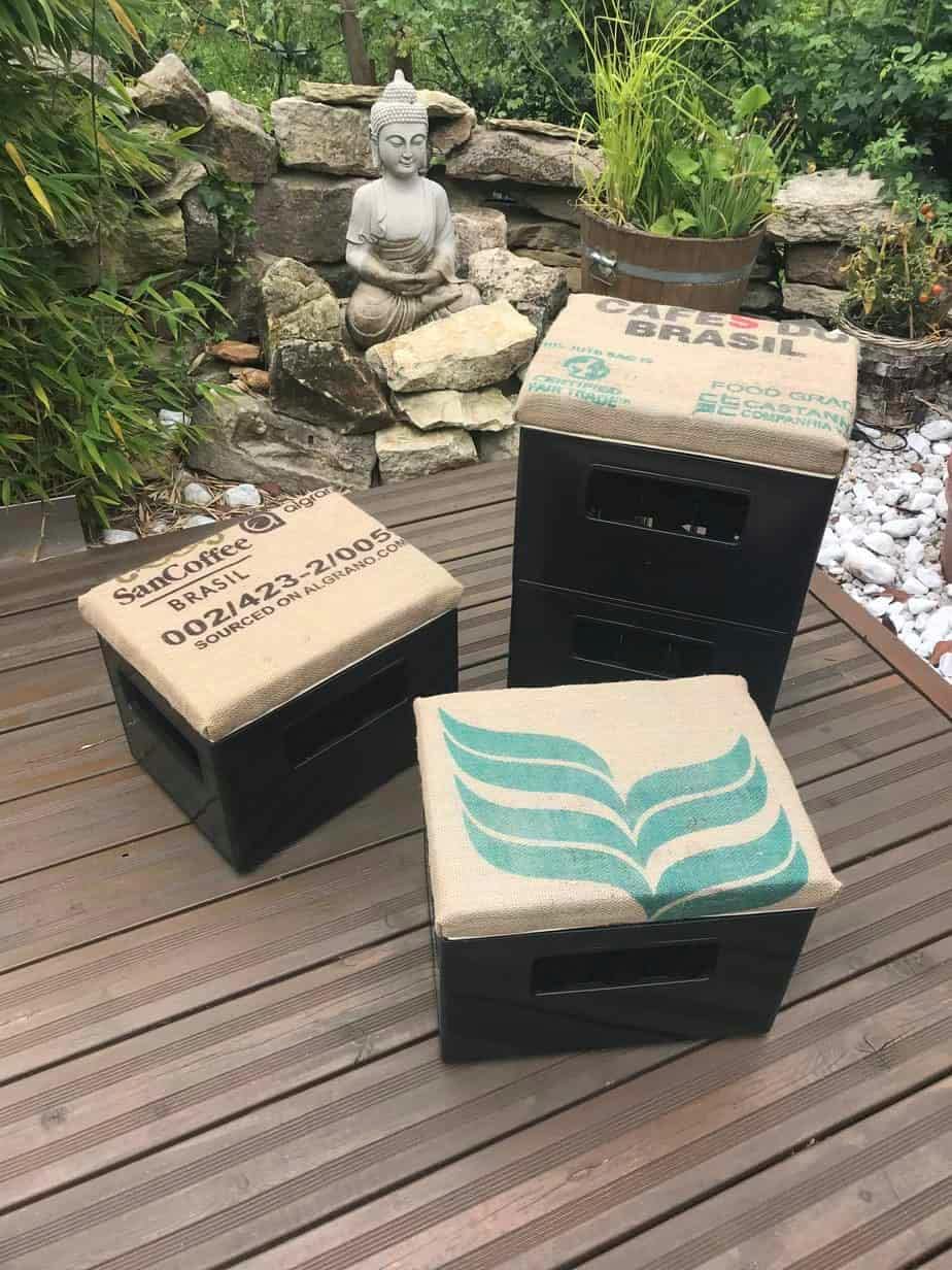 gepolsterter Bierkastensitz, Hocker, Sitzauflage für Getränkekisten mit echtem originalen Kaffeesack