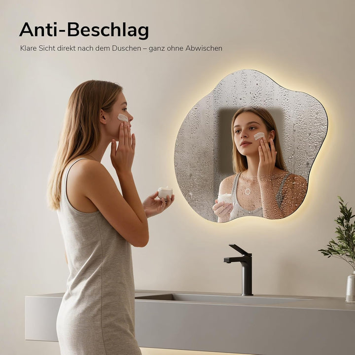 EMKE Badspiegel mit Beleuchtung 50 x 45 cm Asymmetrischer Spiegel mit Beschlagfrei, 3 Lichtfarben Di