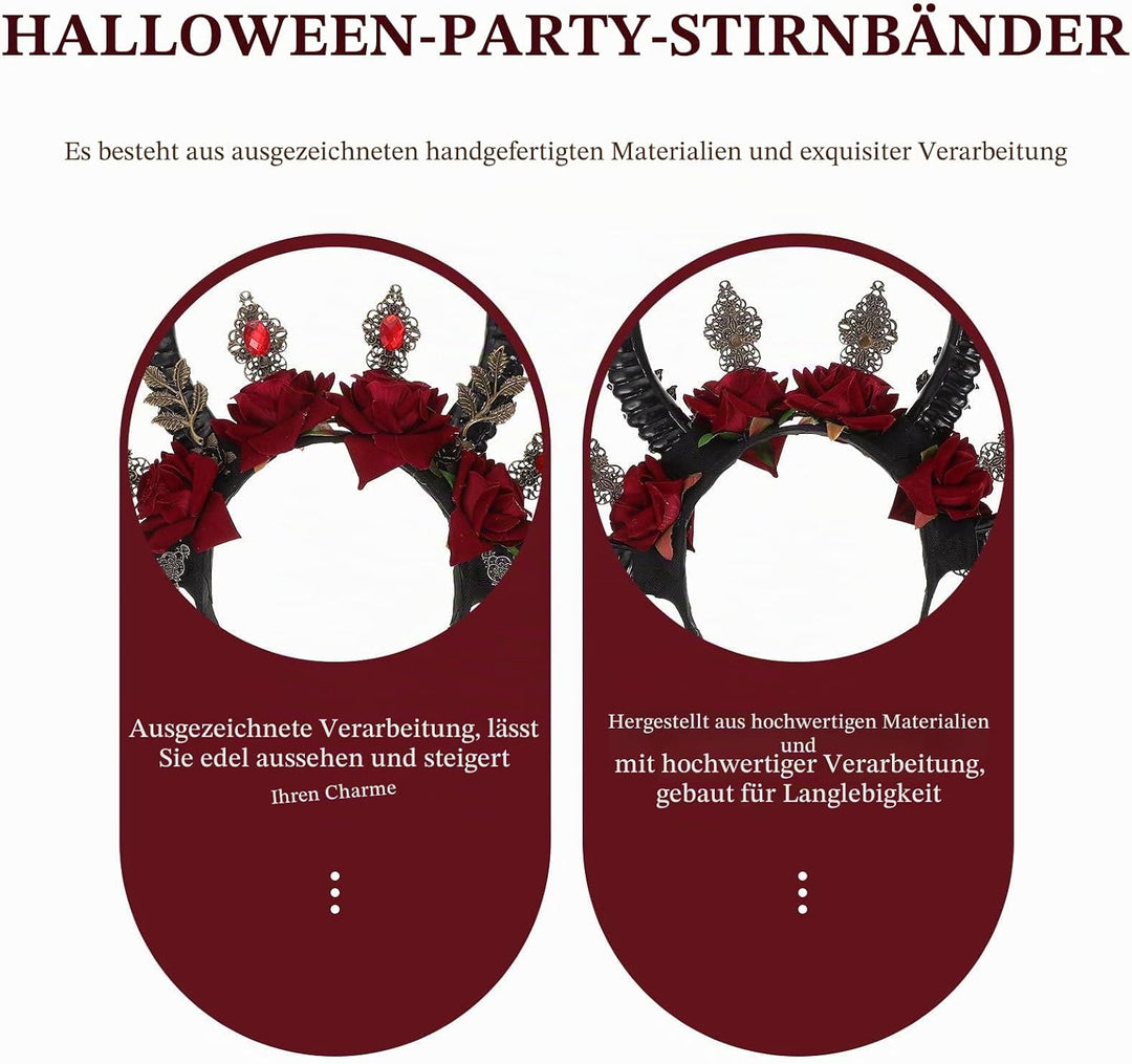 Beavorty Halloween Horn Stirnband Rosen Girlande Gothic Haarband Gothic Dämon Kristall Kopfschmuck W