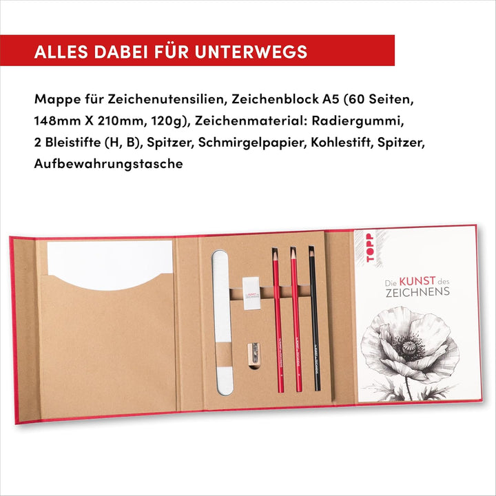 Die Kunst des Zeichnens – Zeichenmappe to go: Mappe für Zeichenutensilien, Zeichenblock A5 (60 Seite