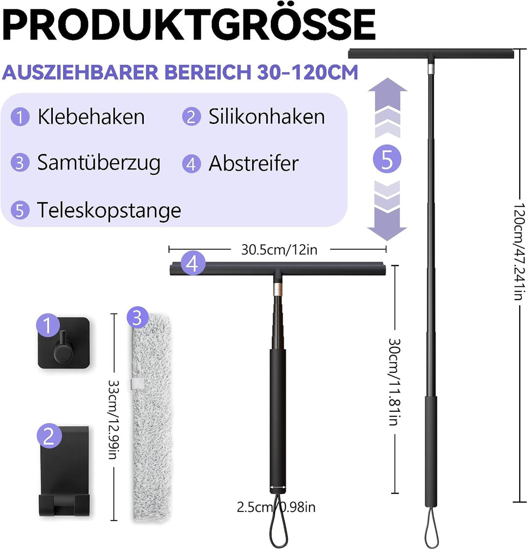 Abzieher Dusche Duschabzieher Langer Stiel Teleskopstiel 2 in 1, 30-120cm | Wasserschieber Duschabzi