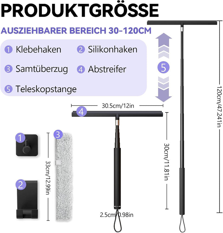 Abzieher Dusche Duschabzieher Langer Stiel Teleskopstiel 2 in 1, 30-120cm | Wasserschieber Duschabzi