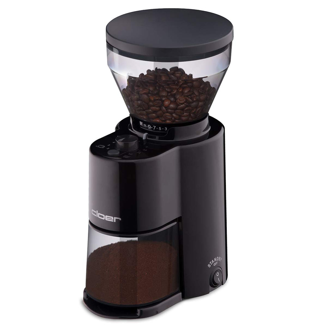 Cloer 7520 Elektrische Kaffeemühle mit Kegelmahlwerk aus Edelstahl, 2-12 Tassen, 300 g Kaffeebohnen,