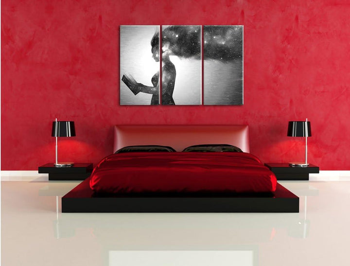 Pixxprint abstrakte Frau mit Buch Kunst Kohle Effekt 3-Teiler Leinwandbild 120x80 Bild auf Leinwand
