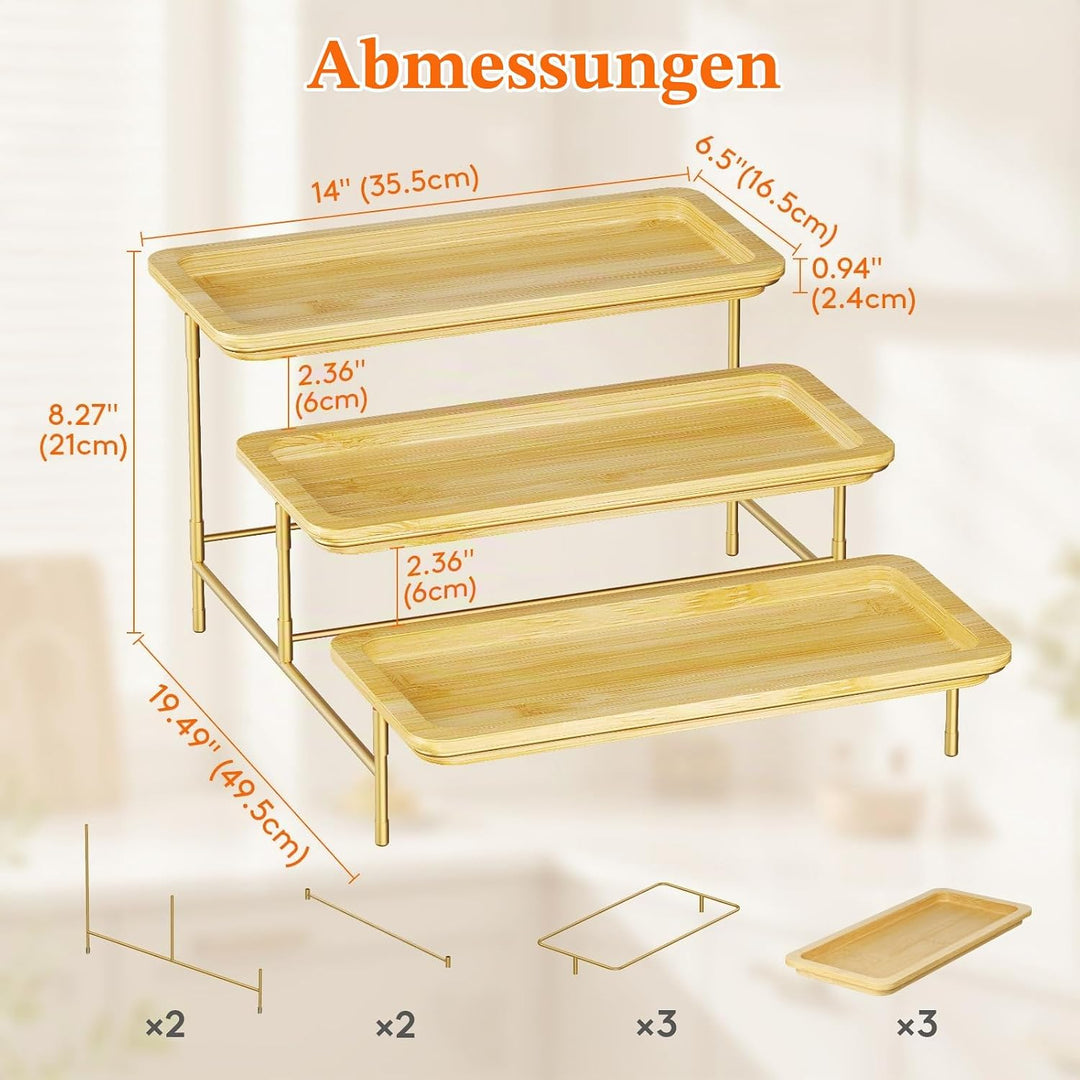 Lifewit 3 Etagen Bambus Servierplatte, 36 x 17 cm Serviertablett mit Goldener Metallständer für Part