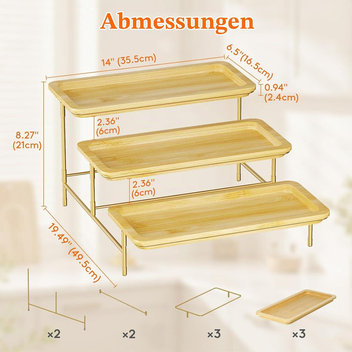 Lifewit 3 Etagen Bambus Servierplatte, 36 x 17 cm Serviertablett mit Goldener Metallständer für Part
