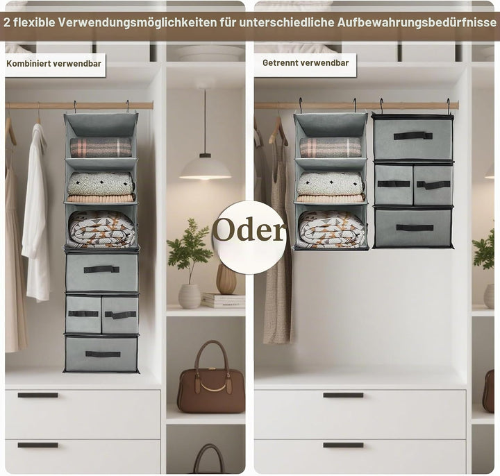 2-in-1-hängender Kleiderschrankorganisator mit 4 abnehmbaren Schubladen & 2 trennbaren hängenden Reg