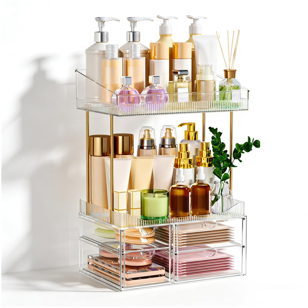 Make Up Organizer - Kosmetik Organizer Upgrade Transparent 2 Etagen 4-Schublade Modelle, Rutschfeste