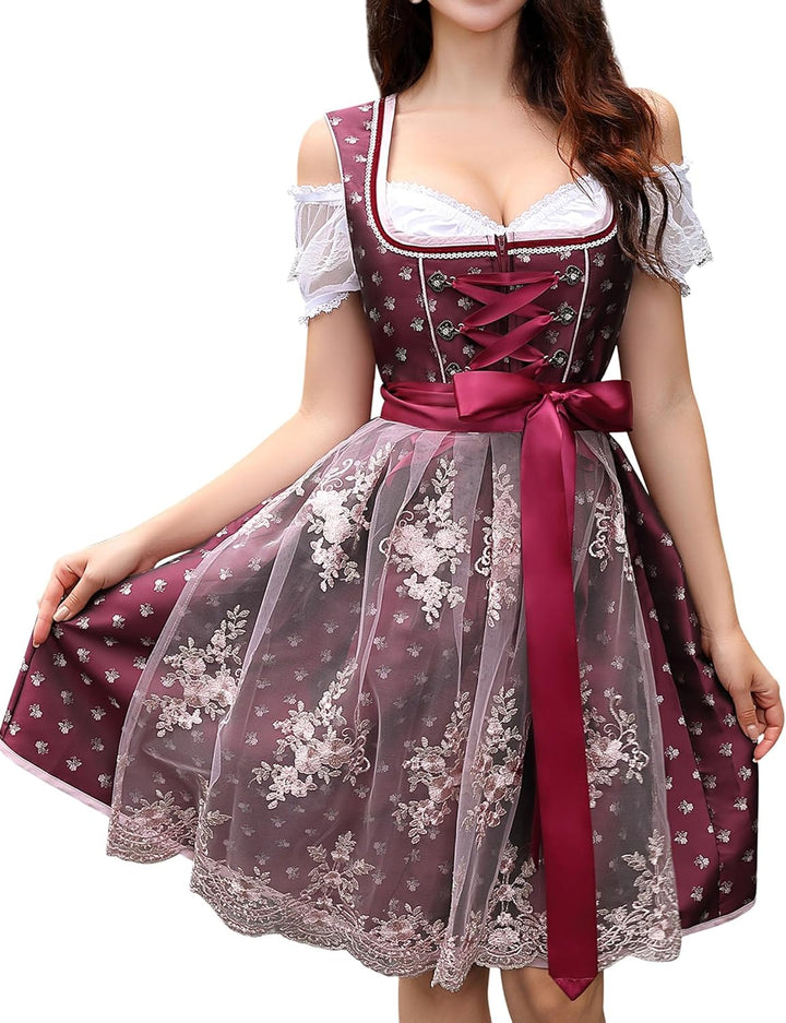Clearlove Dirndl Damen Midi Trachtenkleid 3 Teilig inkl. Dirndl Kleid Dirndlschürze Dirndlbluse für