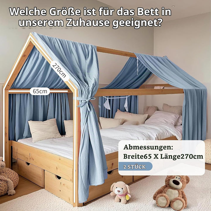 Hausbetthimmel 2 Stück, handgefertigt aus 100% Baumwoll-Musselin, Stoffhimmel zur Hausbettdekoration