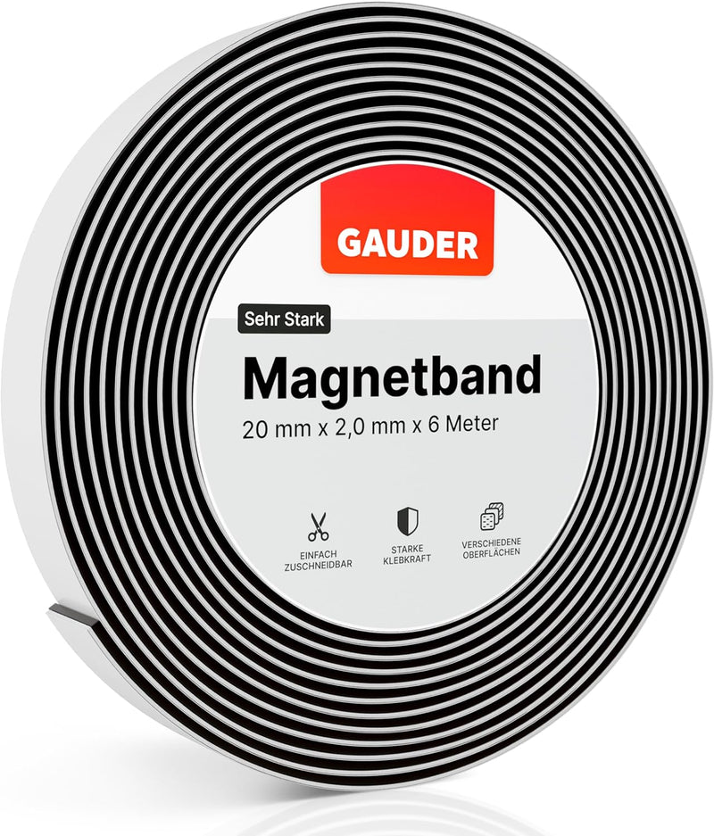 GAUDER Magnetband selbstklebend | Magnetstreifen mit extra starkem Kleber | Magnetklebeband (6 m) 2m