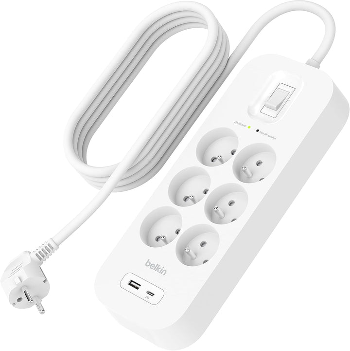 Belkin 6-Fach Steckdosenleiste mit Überspannungsschutz, Wandmontage, 6 Steckdosen, 2-m-Netzkabel, gr