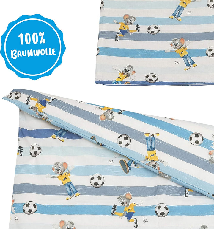 Babybettwäsche-Set ED der Fussballer | 100% Baumwolle | schadstoffepürft (80x80 cm, Sterne blau/weis
