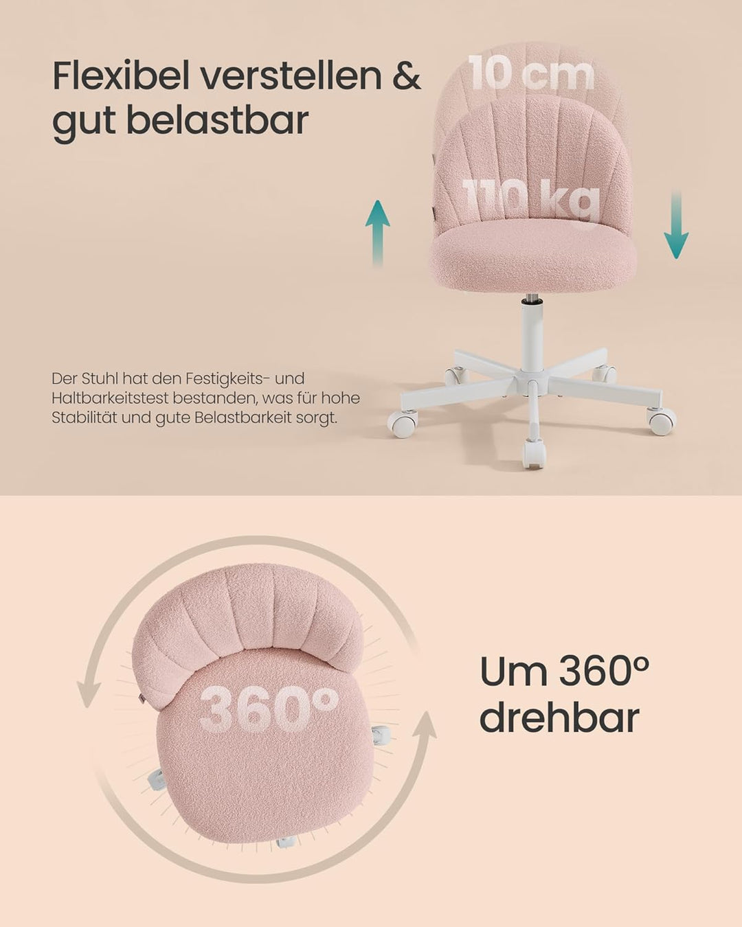 SONGMICS Homeoffice-Stuhl, Schminkstuhl aus Fleece, Schreibtischstuhl, Schaumstoffpolsterung, höhenv