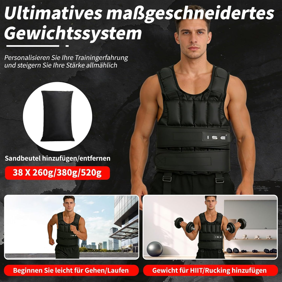 ISE Gewichtsweste Verstellbar von 5 kg 10 kg 15 kg 20 kg 25 kg 30 kg Gewicht Warnwesten für Gewicht