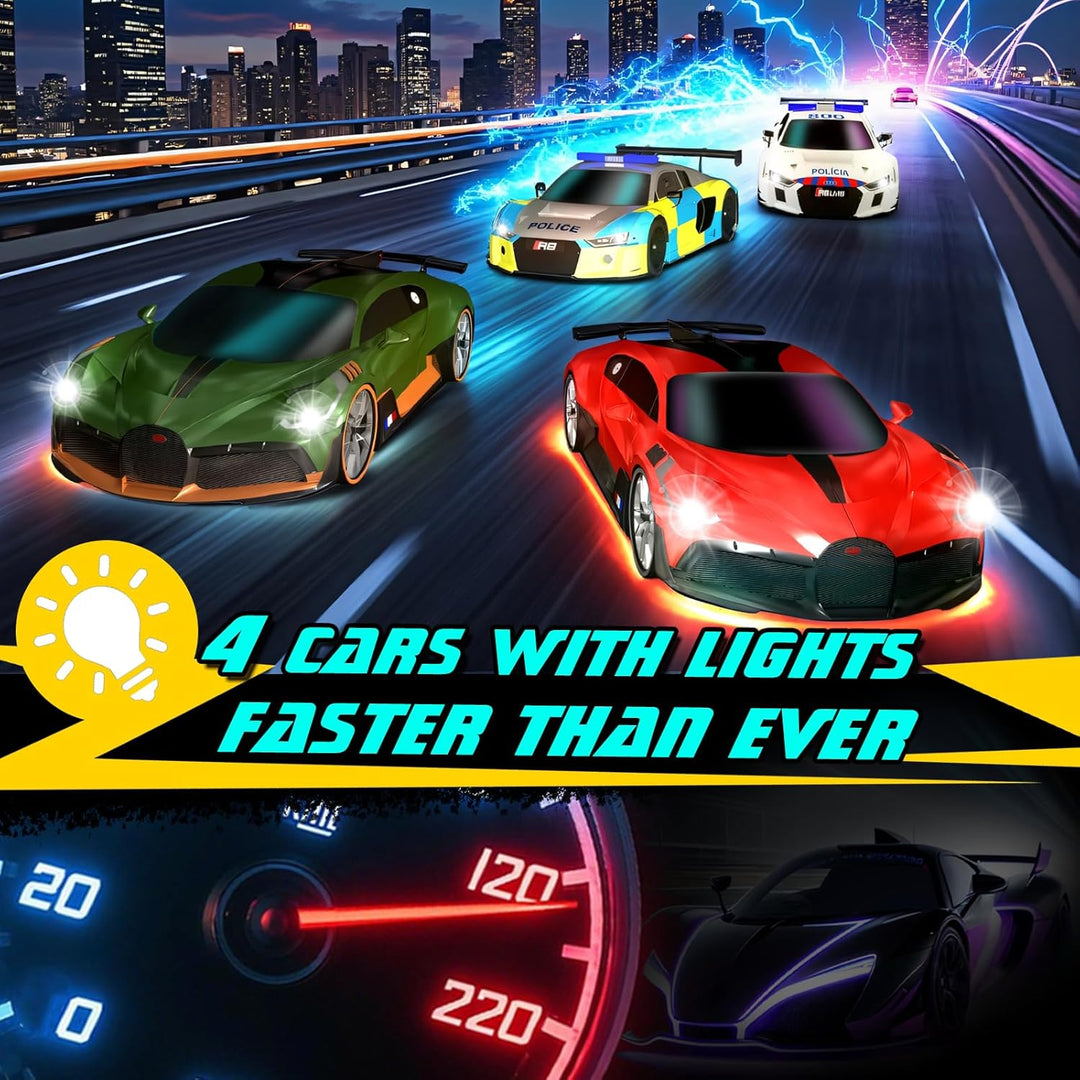 AGM MASTECH 18,7 Fuss Slot Car Rennbahn Set, 4 offiziell lizenzierte Lichtspielzeugautos, Lenkrad- u