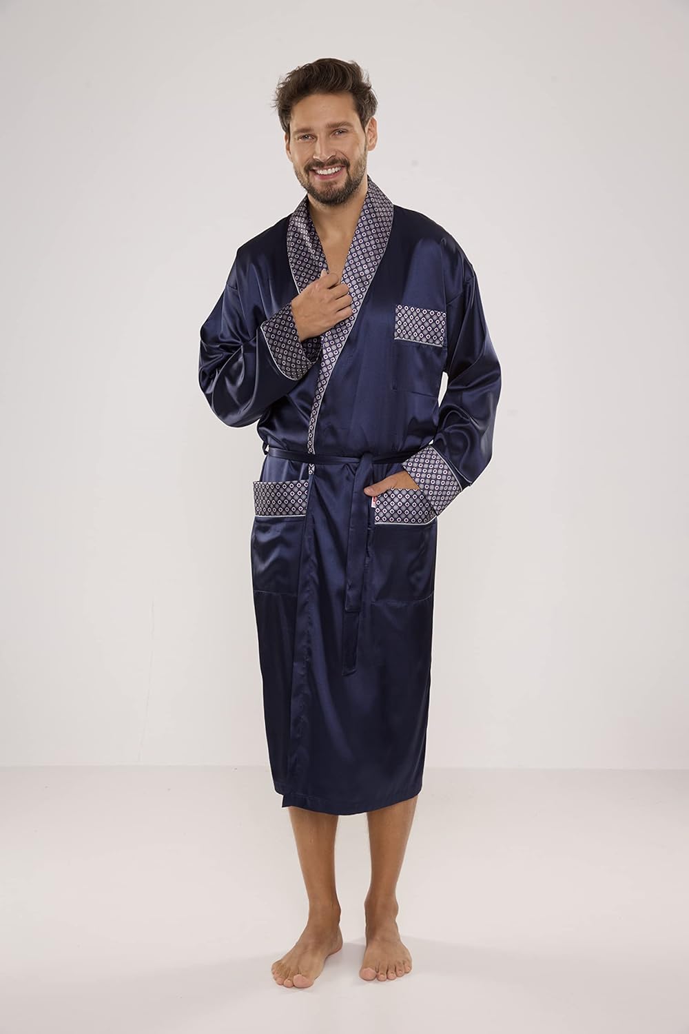 FOREX Lingerie edler und hochwertiger Satin-Bademantel Herren-Mantel im tollen Design 4XL Marine, 4X