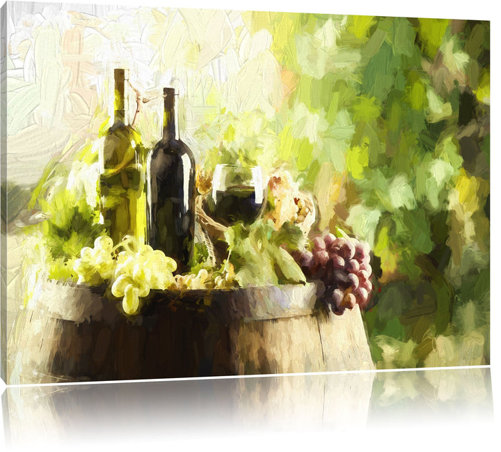 Pixxprint Wein mit Weintrauben auf Fass als Leinwandbild/Grösse: 100x70 cm/Wandbild/Kunstdruck/ferti