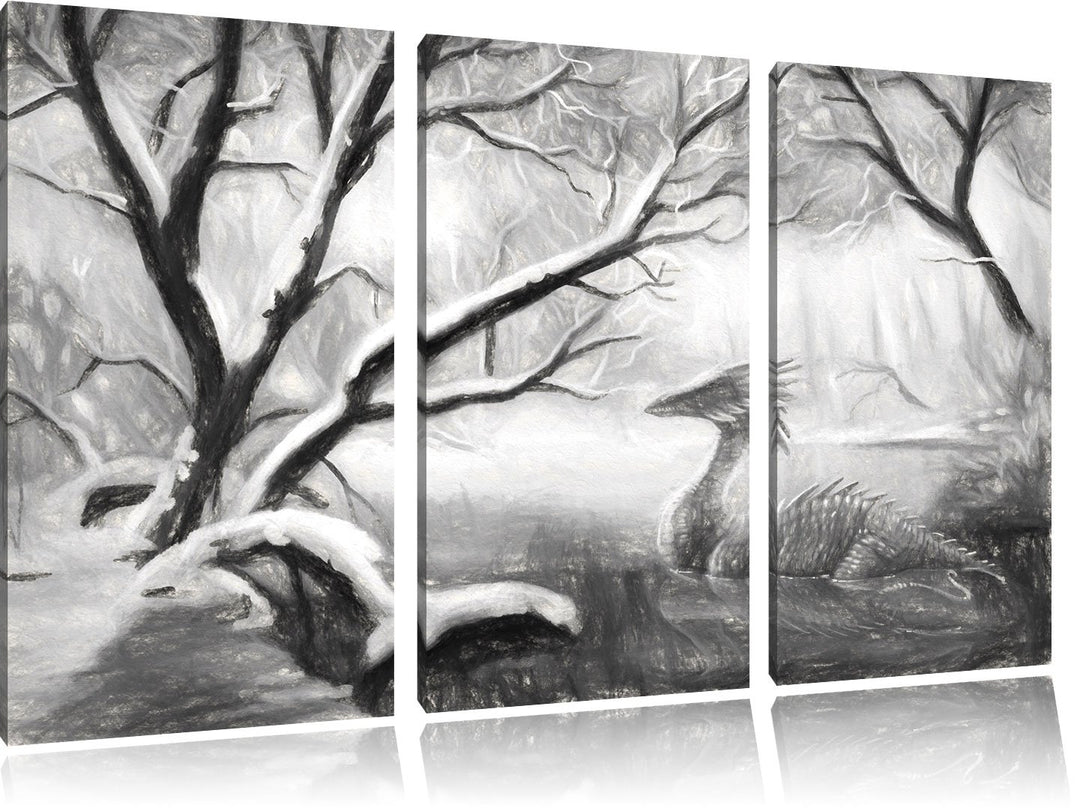 Pixxprint Drache im schneebedeckten Wald als Leinwandbild/Grösse: 3 Teilig (120x80 cm) cm/Wandbild/K