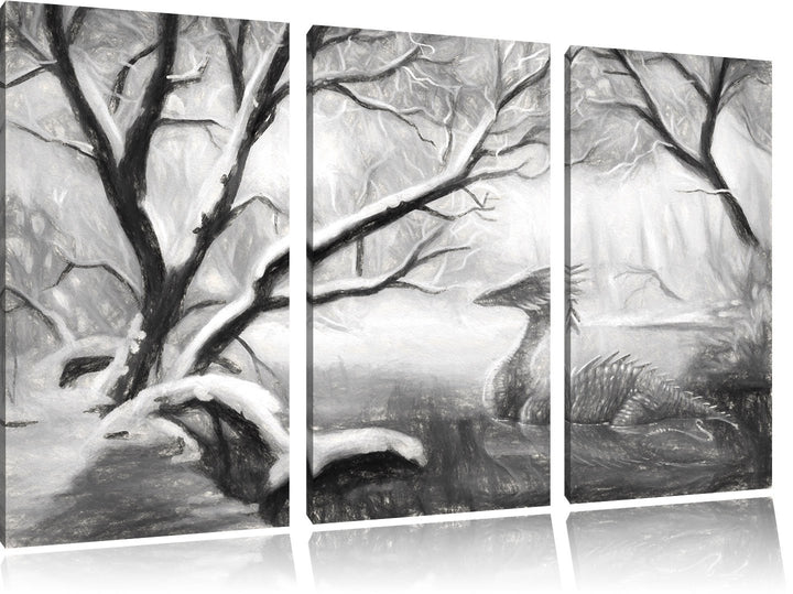 Pixxprint Drache im schneebedeckten Wald als Leinwandbild/Grösse: 3 Teilig (120x80 cm) cm/Wandbild/K
